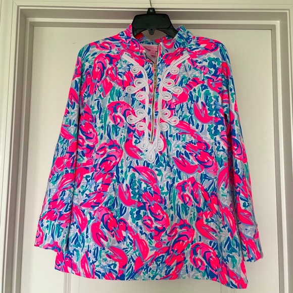 Lilly Pulitzer Skipper Popover Tunic Cosmic Coral Cracked Up Blue Small - Picture 3 of 6